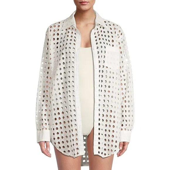 Solid & Striped Eyelet Cotton Oxford Tunic in Marshmallow - Picture 2 of 5